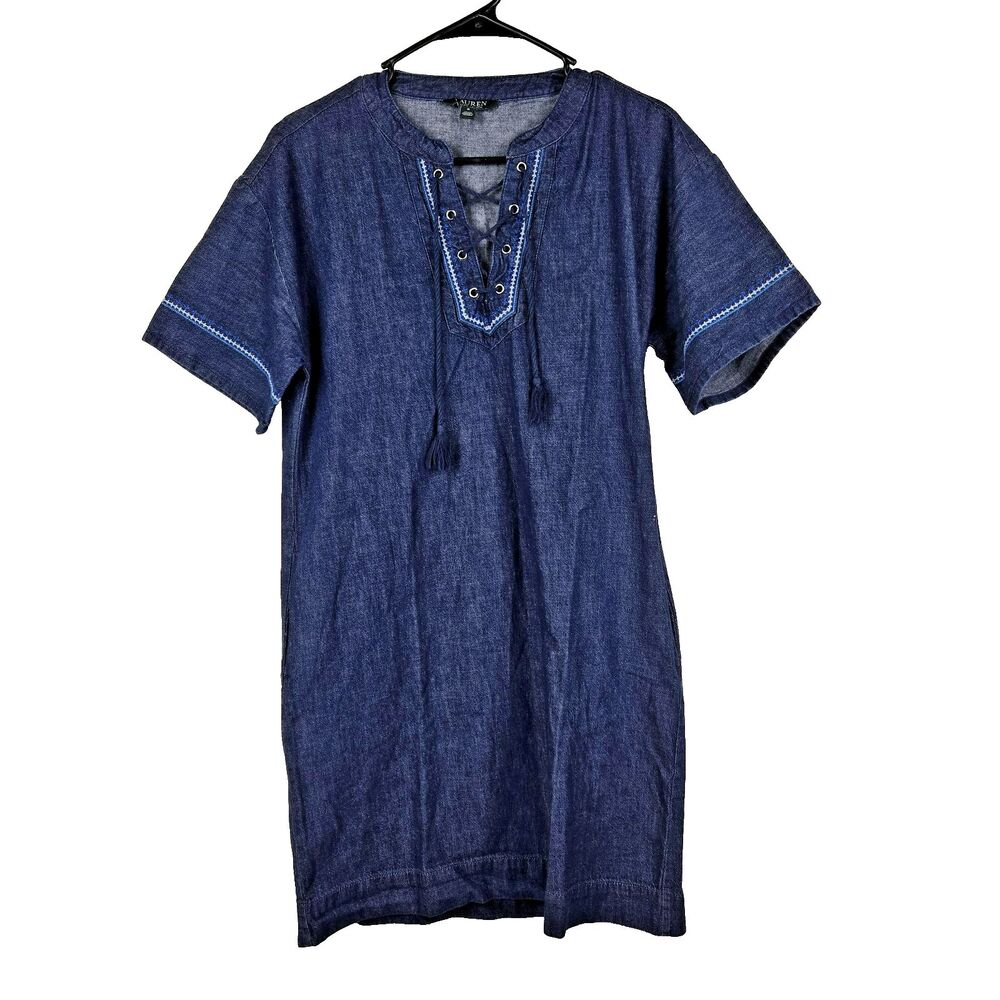 Lauren Ralph Lauren Women's Size 6 Lace Up Embroidered Denim Dress‎